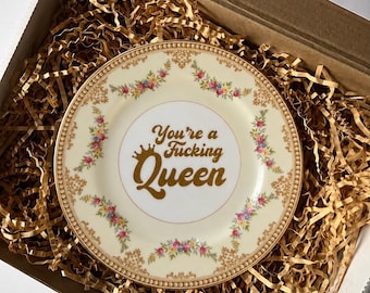 Profanidades en platos Eres una maldita reina Validación vintage Plato floral Jodida mierda