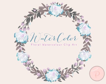 Blue Watercolor Flower, Light Blue Floral Wreath Clip art, Watercolor Floral Cliparts, PNG Clipart, floral Cliparts, Instant Download, WCA82