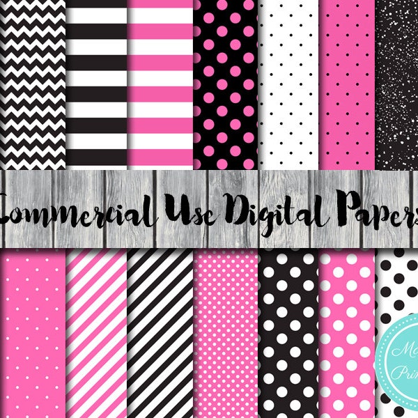 Hot Pink and Black, Instant Download Digital Papers, Commercial Use, Scrapbook Digital Papers, Digital Background, dp02