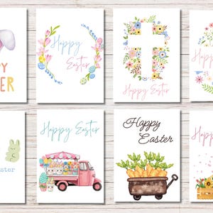 Lot de 8 cartes de Pâques numériques, modèles imprimables modifiables sur toile, oeuf de Pâques aquarelle, carotte, lapin, fleurs
