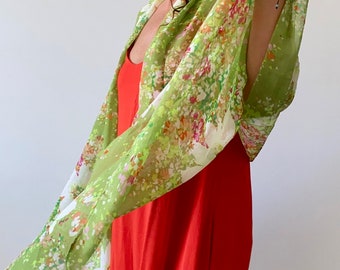 Green Chiffon scarf shawl, colorful floral shawl scarf, fall shawl ,floral pattern shawl scarf