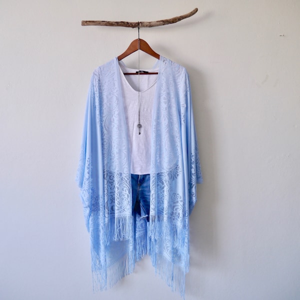 Long bohemian kimono , baby blue and beige  lace kimono, beach wear cover up, beach wear, bohemian, boho, women, clothing, lace shrug,