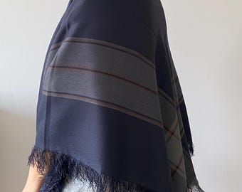 Navy Blue Tartan Blanket Scarf: Oversized Fringed Shawl
