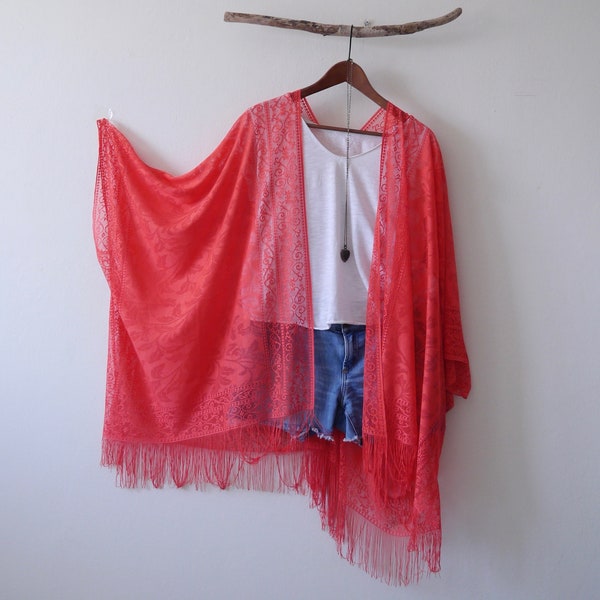 Long bohemian kimono , coral lace kimono, beach wear cover up, beach wear, bohemian, boho, women, clothing, lace beach, shrug, dress