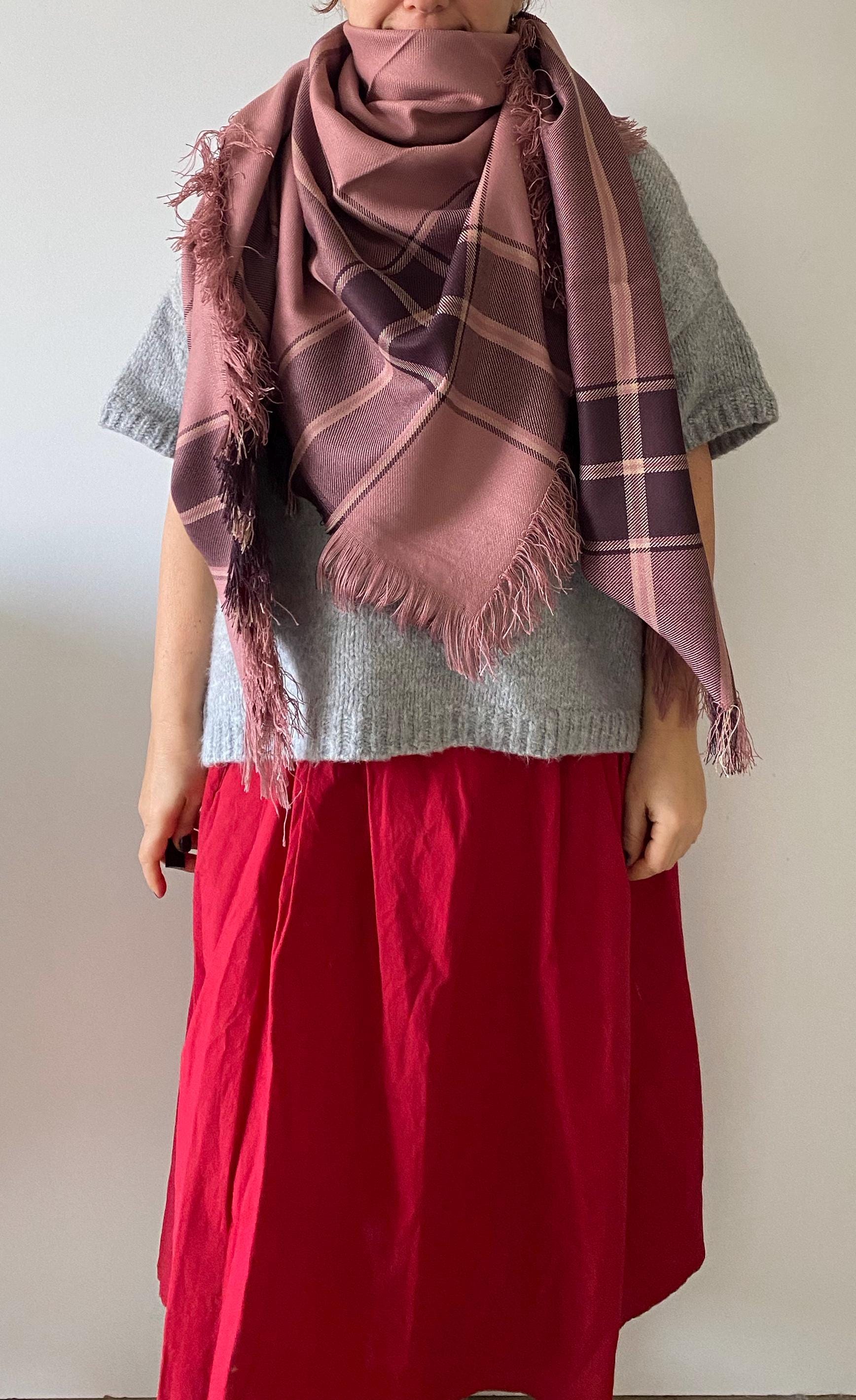 Rose pink Oversized square shawl - Tartan Scarves - Scarf Accessories Gift for Him Plaid Blanket Scarf Shawl-Tartan Fringed Scarf