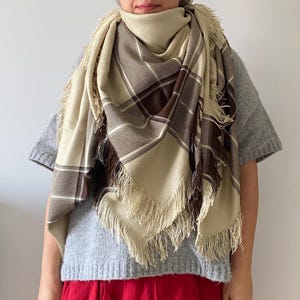 Stone color Oversized square shawl - local vintage shawl -Vintage Plaid Checked Shawl - Wrap Square Checked Scarf – perfect gift