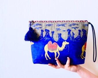 Ethnic Pattern Navy Clutch ,Kilim design,Anatolian kilim design cosmetic bag,Vintage Carpet Clutch/fabric textured camel handbag,evening bag