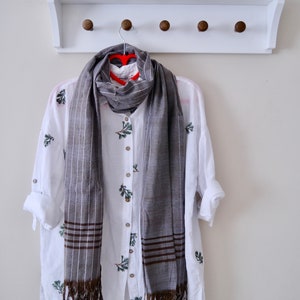 Unisex hand-loomed Dark Gray scarf, Naturel cotton scarf, handwoven wrap, organic boho gift, handwoven boho design   shawl for you