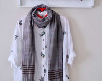 Unisex hand-loomed Dark Gray scarf, Naturel cotton scarf, handwoven wrap, organic boho gift, handwoven boho design   shawl for you