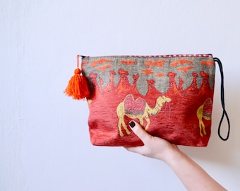 Ethnic  Orange Clutch ,Kilim design,Anatolian kilim design cosmetic bag,Vintage Carpet Clutch/fabric textured camel handbag,evening bag