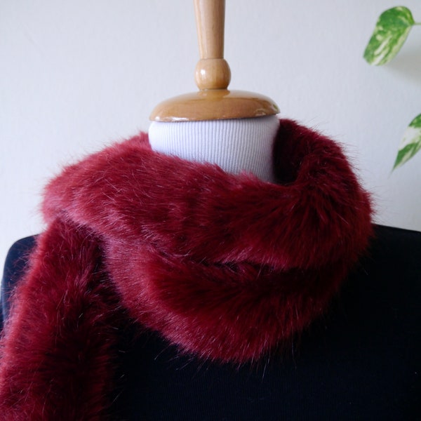 Premium Faux Fur Scarf Wrap Shawl; Claret red Color, Extra Long Stole, Extremely Soft Fur Both Sides, Stylish and Comfortable