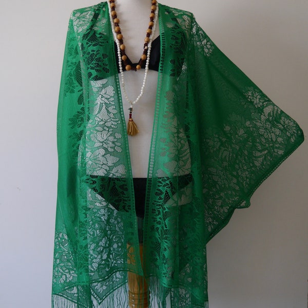 Long bohemian kimono , Green lace kimono, beach wear cover up, beach wear, bohemian, boho, women, clothing, lace beach, shrug, dress