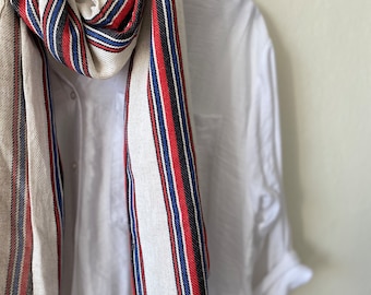 FINAL STOCK! Handwoven Organic Cotton Wrap Scarf: Red Stripe Boho Blanket Shawl