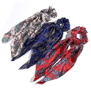 Vintage Elastic Hair Bands , Scrunchies Women Hair Accessories , Elegant Long Scarf, Ribbon Ponytail Holder, Handkerchief Bow Headwear