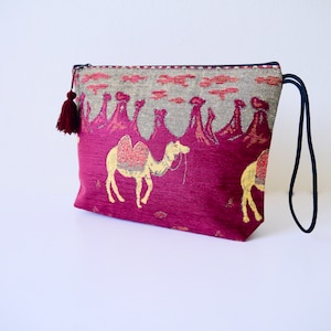 Ethnic Pattern Claret red Clutch ,Kilim design,Anatolian kilim design cosmetic bag,Vintage Carpet Clutch/fabric textured camel handbag