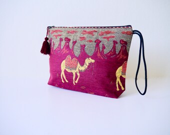 Ethnic Pattern Claret red Clutch ,Kilim design,Anatolian kilim design cosmetic bag,Vintage Carpet Clutch/fabric textured camel handbag