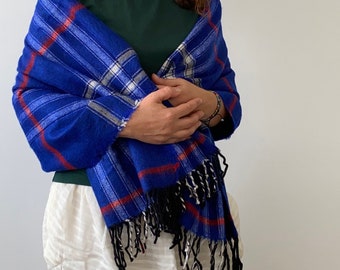 FINAL STOCK! Blue Plaid Blanket Scarf: Soft Acrylic Fall Winter Shawl