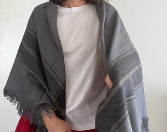 Gray Plaid Blanket Scarf: Oversized Tartan Shawl with Fringe