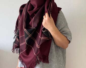 Burgundy Oversized square shawl - local vintage shawl -Vintage Plaid Checked Shawl - Wrap Square Checked Scarf – perfect gift for everyone