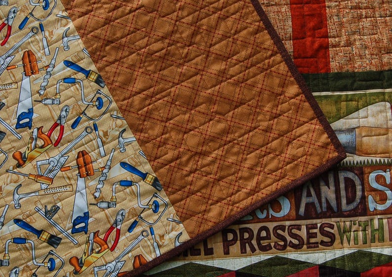 Quilt for Sale, tool Time is a Large Handmade Patchwork Lap Quilt