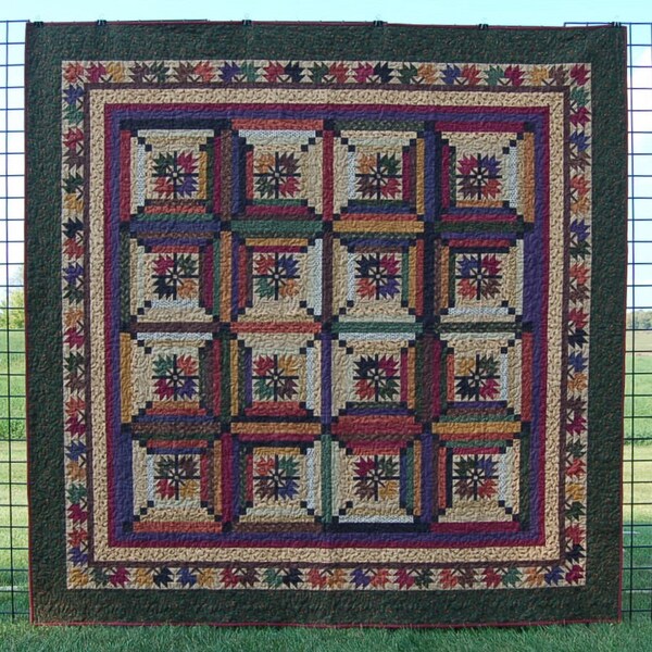Quilt for Sale, ”Autumn on Maple Lake” is a large handmade bed size quilt pieced in rich, autumn colors/Log Cabin quilt/ Maple Leaf Quilt