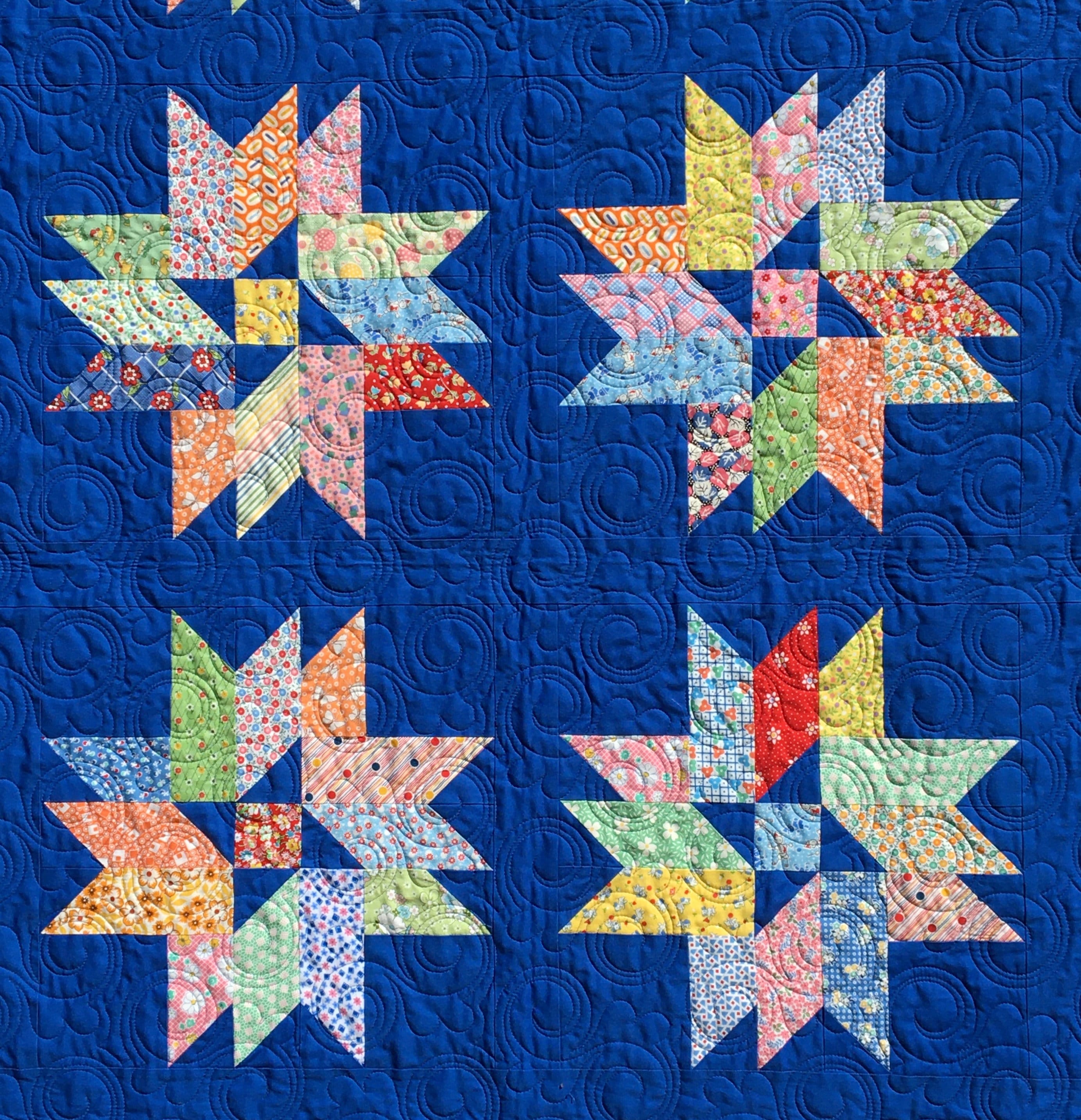 Triple Star Pattern Triple Star Lap Quilt: 1930s Prints, True Blue Background, 66