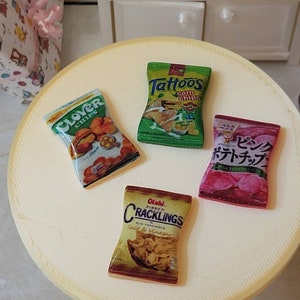 4 Miniature Potato Chips / Snacks packs, assorted - for dollhouse, dioramas - Approximately 1:12 - 1" x 5/8" (#1)
