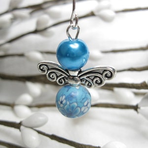 Angel Mini Ornament, Pendant, Charm; Memorial, Guardian Angel; Aqua Blue White Flowered Clay Bead, Faux Pearl, Silver Scrolled Wings; #123