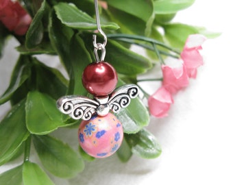 Angel Mini Ornament, Pendant, Charm; Memorial, Guardian Angel; Pink Blue Flowered Clay Bead, Red Faux Pearl, Silver Scrolled Wings; #132