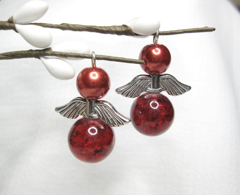 Faux Pearl Earring Pair; Memorial Silver Wings; #117 Angel Set of 2; Ornament Charm Pendant Guardian Angel; Red Crackle Glass Bead