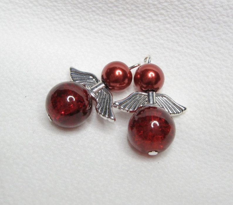 Faux Pearl Earring Pair; Memorial Silver Wings; #117 Angel Set of 2; Ornament Charm Pendant Guardian Angel; Red Crackle Glass Bead