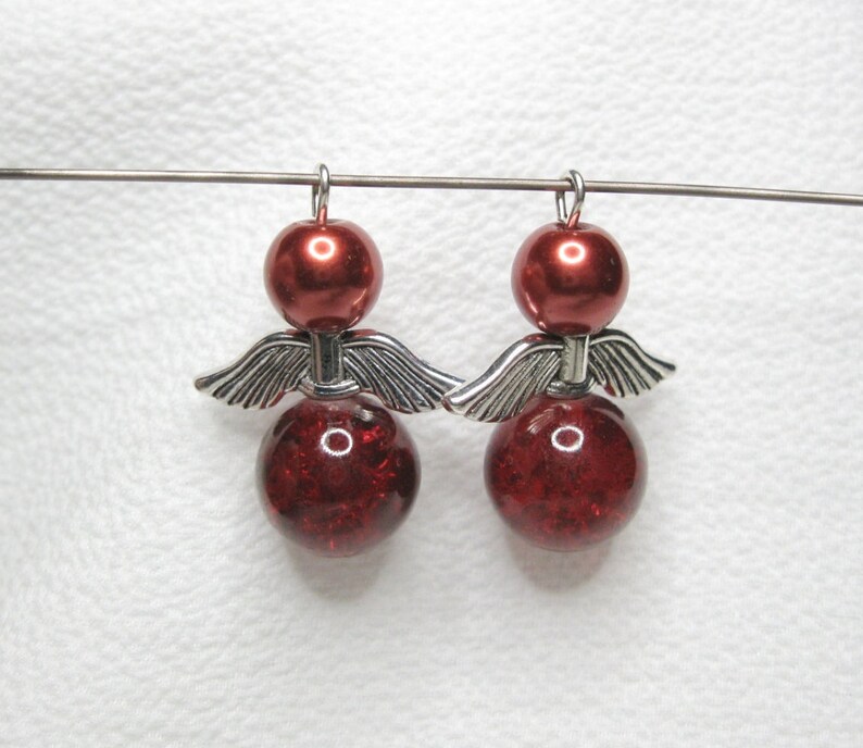 Faux Pearl Earring Pair; Memorial Silver Wings; #117 Angel Set of 2; Ornament Charm Pendant Guardian Angel; Red Crackle Glass Bead