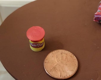 Dollhouse Miniature Toy Play-Doh, Replica, Tiny, Handmade, Play-Doh Container with Red Lid & Play-Doh, Approx 1/2" H x 5/8" W