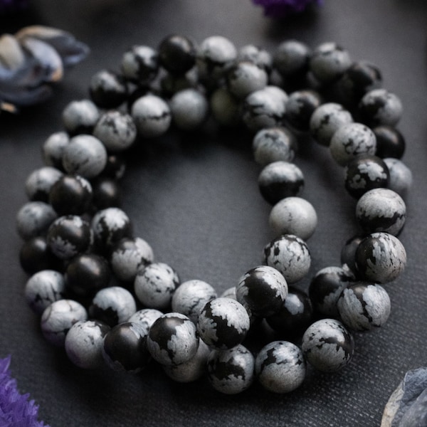 8mm Snowflake Obsidian Bracelet, Grounding Stone Beads, Protection Energy Jewelry, Balance and Calm, Unique Spiritual Gift for Her/Him