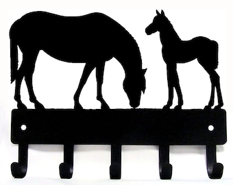 Horse & Foal Key Rack: Farmhouse Metal Leash Hanger, 6-inch