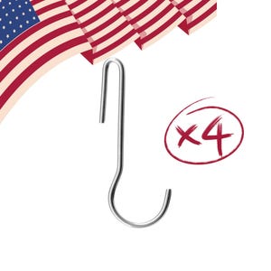 May include: A single, shiny, silver-colored metal S-hook with a curved bottom and a straight top. The number "x4" is written in red inside a red circle. The top of an American flag is in the background.