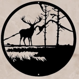 Elk in Mountains Round Silhouette Metal Wall Art Home Decor - Made in the USA