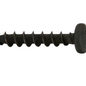 May include: A black screw with a large, round head. The screw has a sharp point and a coarse thread.