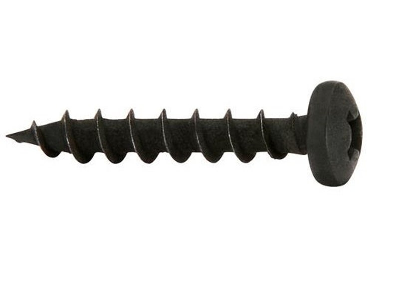 May include: A black screw with a large, round head. The screw has a sharp point and a coarse thread.
