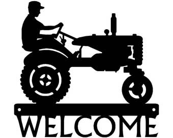 Tractor and Farmer Country Welcome Sign - Metal -12 inches wide - Made in USA