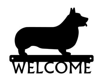 May include: Black silhouette of a corgi dog standing on a metal sign that says "WELCOME".