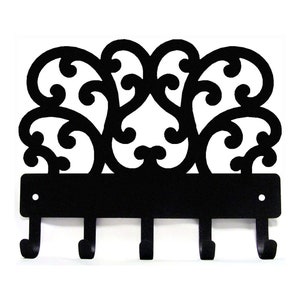 May include: Black metal key holder with a decorative scroll design and five hooks.