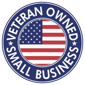 May include: A blue circle with the text "Small Business Veteran Owned" around the edge. The center of the circle features a red, white, and blue American flag.