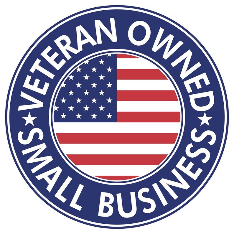 May include: A blue circle with the text "Small Business Veteran Owned" around the edge. The center of the circle features a red, white, and blue American flag.