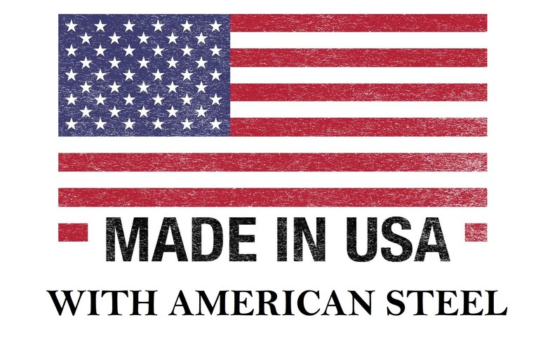 May include: A red, white, and blue American flag with 50 stars. The text "MADE IN USA" is below the flag, and the text "WITH AMERICAN STEEL" is below that.