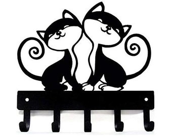 Twin Cats Key Holder with 5 Metal Hooks - Small 6 inch wide - Made in the USA