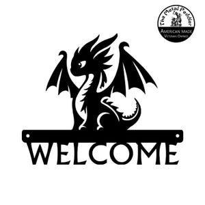 Whimsical Young Dragon Welcome Sign - Customizable Fantasy Metal Art