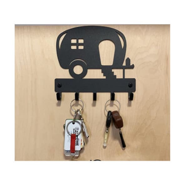 Camper Trailer Silver or Black Key Holder / Hanger with 5 hooks - 6 inch Wide - Made in USA - Black or Silver