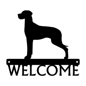 Black powder coated metal welcome sign with the silhouette of a Great Dane with natural uncropped ears, standing on a bar with the word welcome attached underneath.