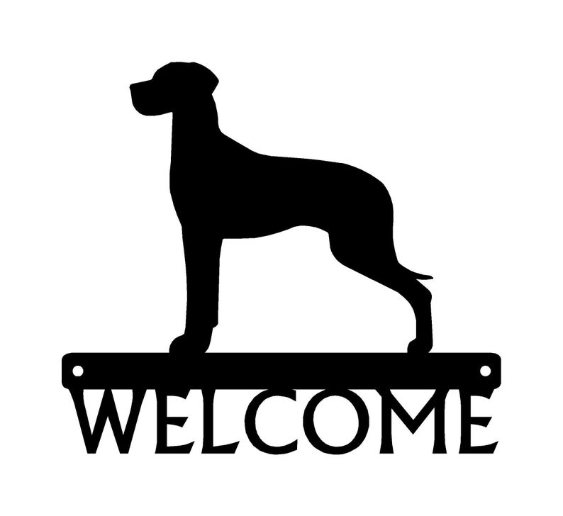 Black powder coated metal welcome sign with the silhouette of a Great Dane with natural uncropped ears, standing on a bar with the word welcome attached underneath.